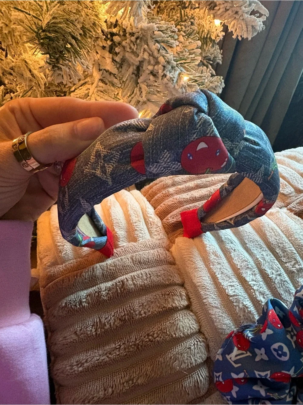 Fashion Blue Cherry Print Kids Headband & Scrunchie Set